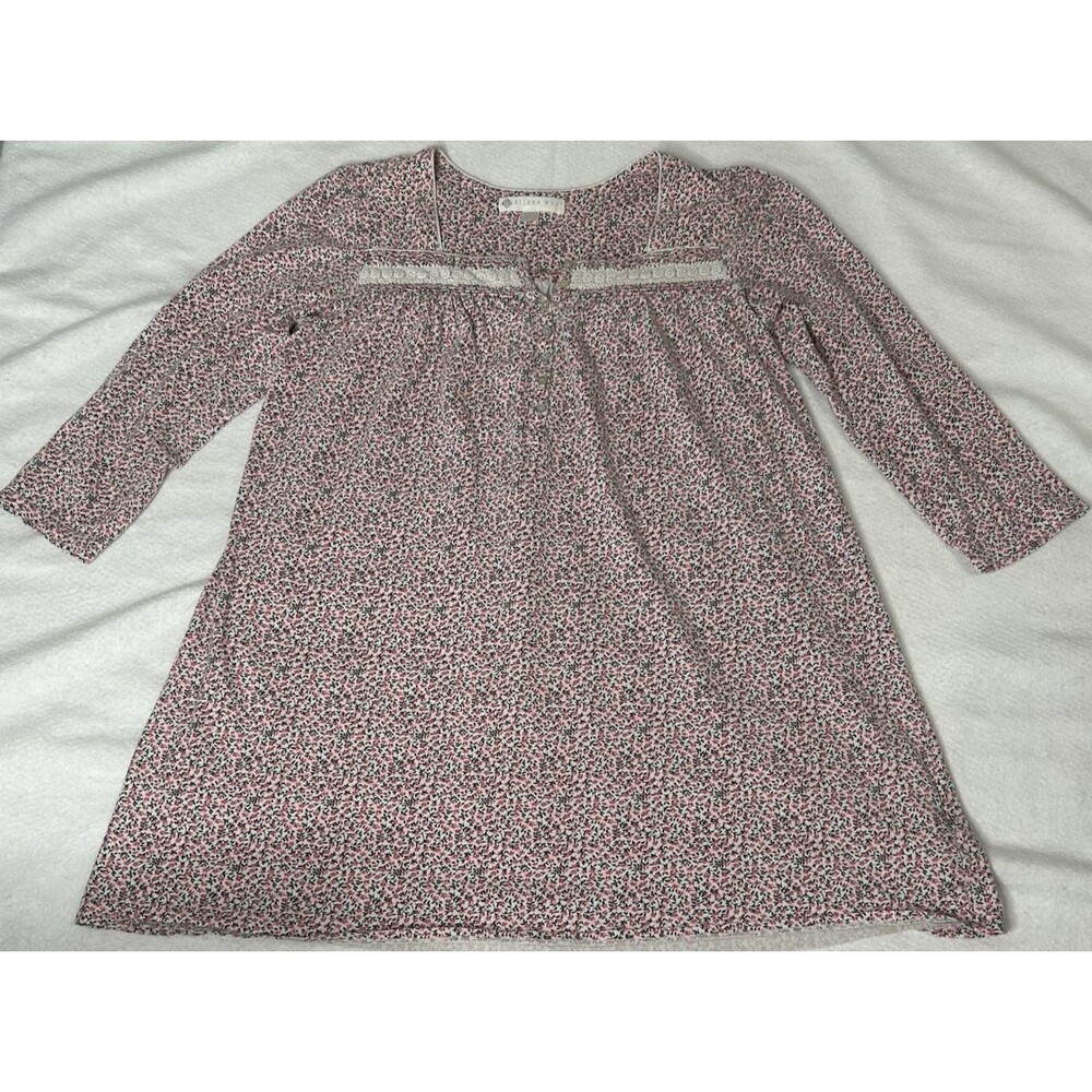 Eileen West Short Nightgown Flannel Long Sleeve Red Floral Small Grannycore